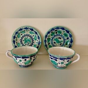 Pair of Cantagalli Italy Pottery Cups saucers plates teacups pottery blue